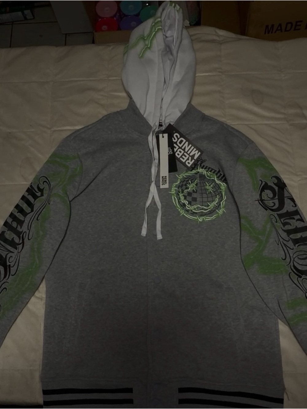 Men's Grey Hooded Zip Jacket with Green Accents